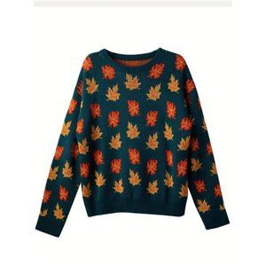Maple Leaf Pattern Crew Neck Sweater Casual Long Sleeve Stylish Pullover Sweater